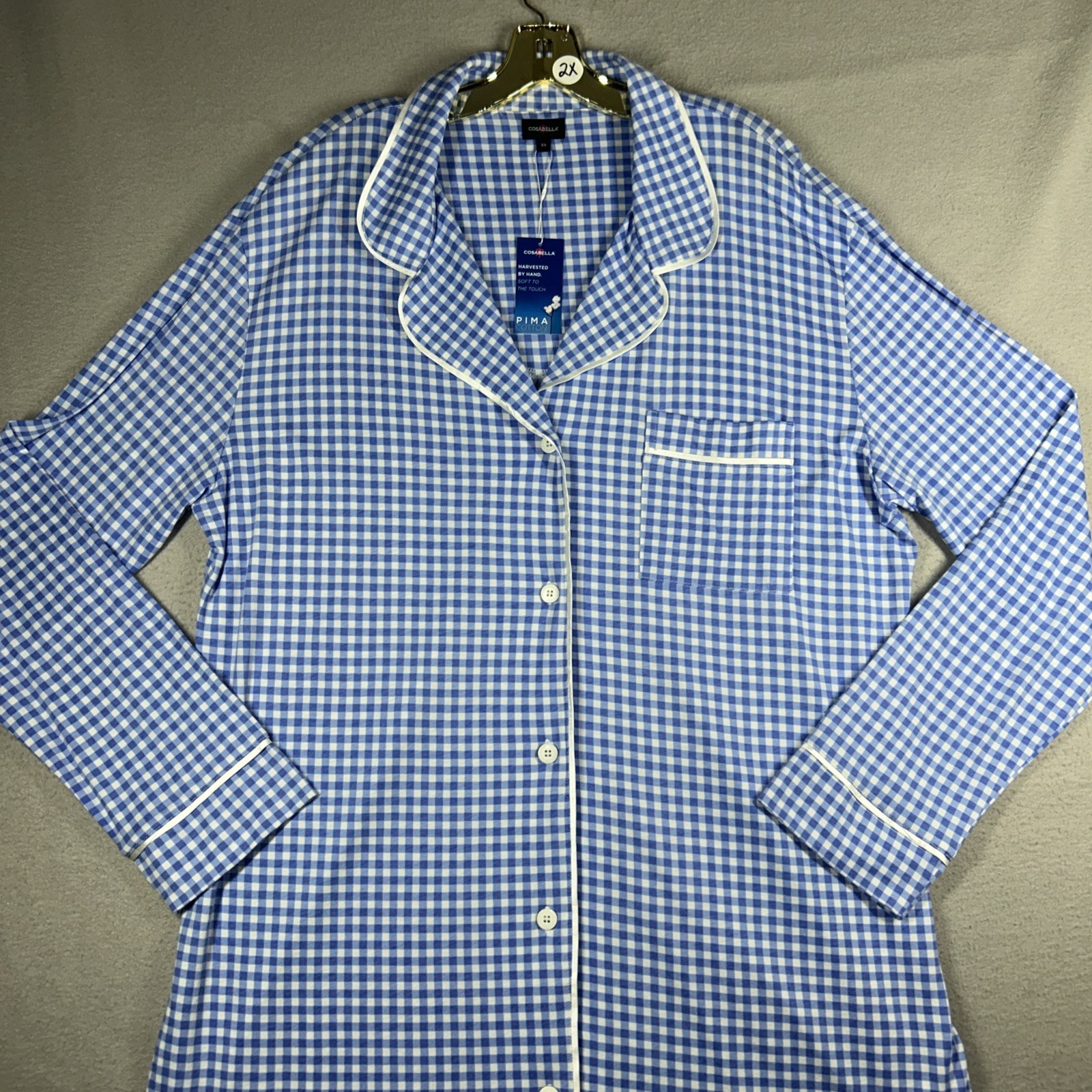 Cosabella Sleep Coverup Check Women’s 2XL Button Up 40” Long Blue White