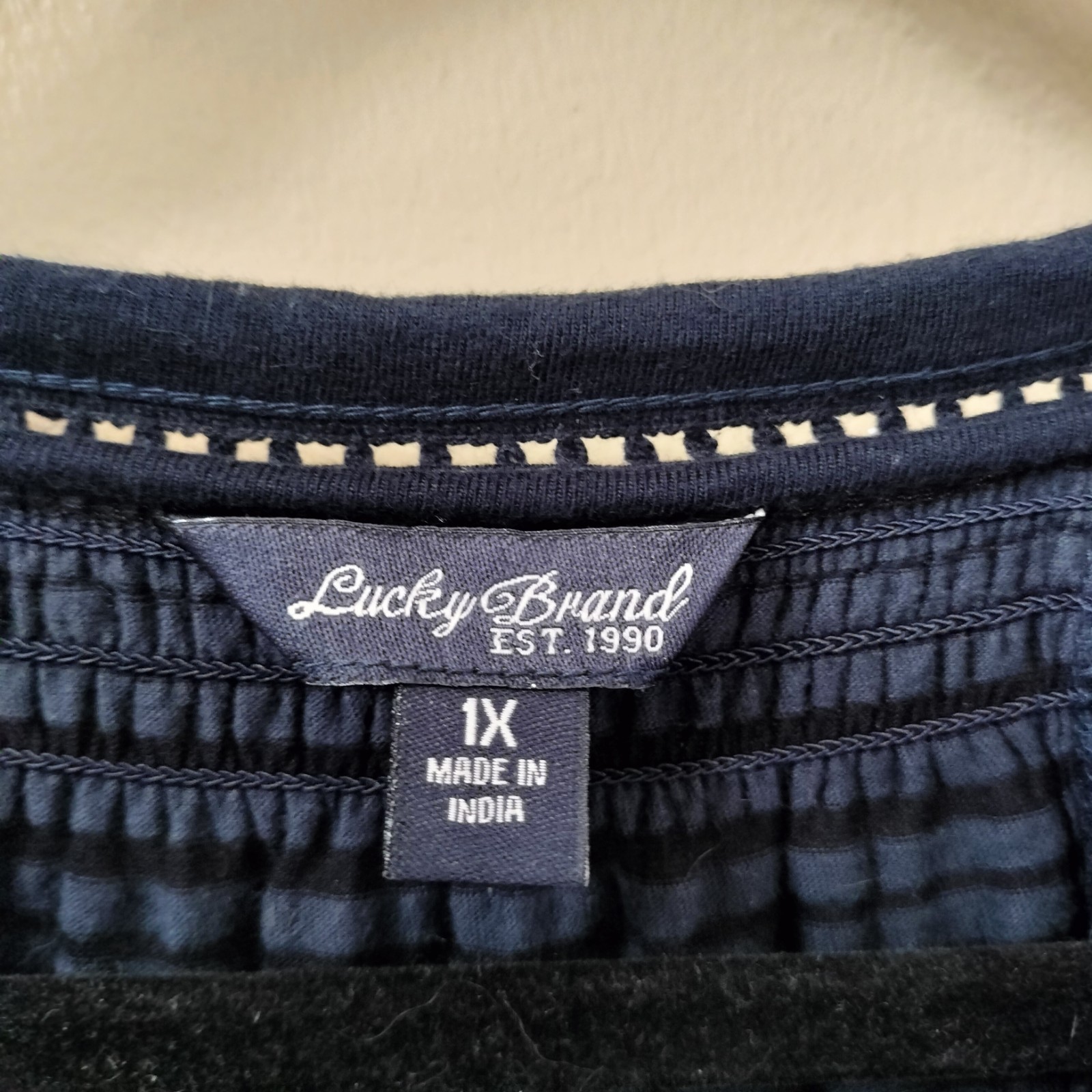 Lucky Brand 1X Cotton Blend Blue Stripe Embroidery Shirt Top Bohemian Western