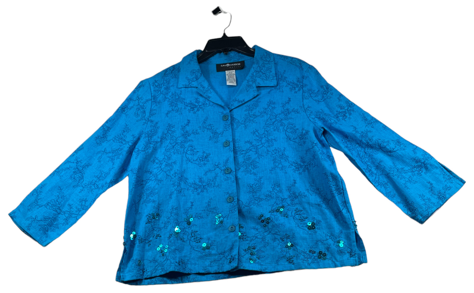 Sag Harbot Button Down Blouse Womens size 12 Petite 12P Blue Linen Blend Floral