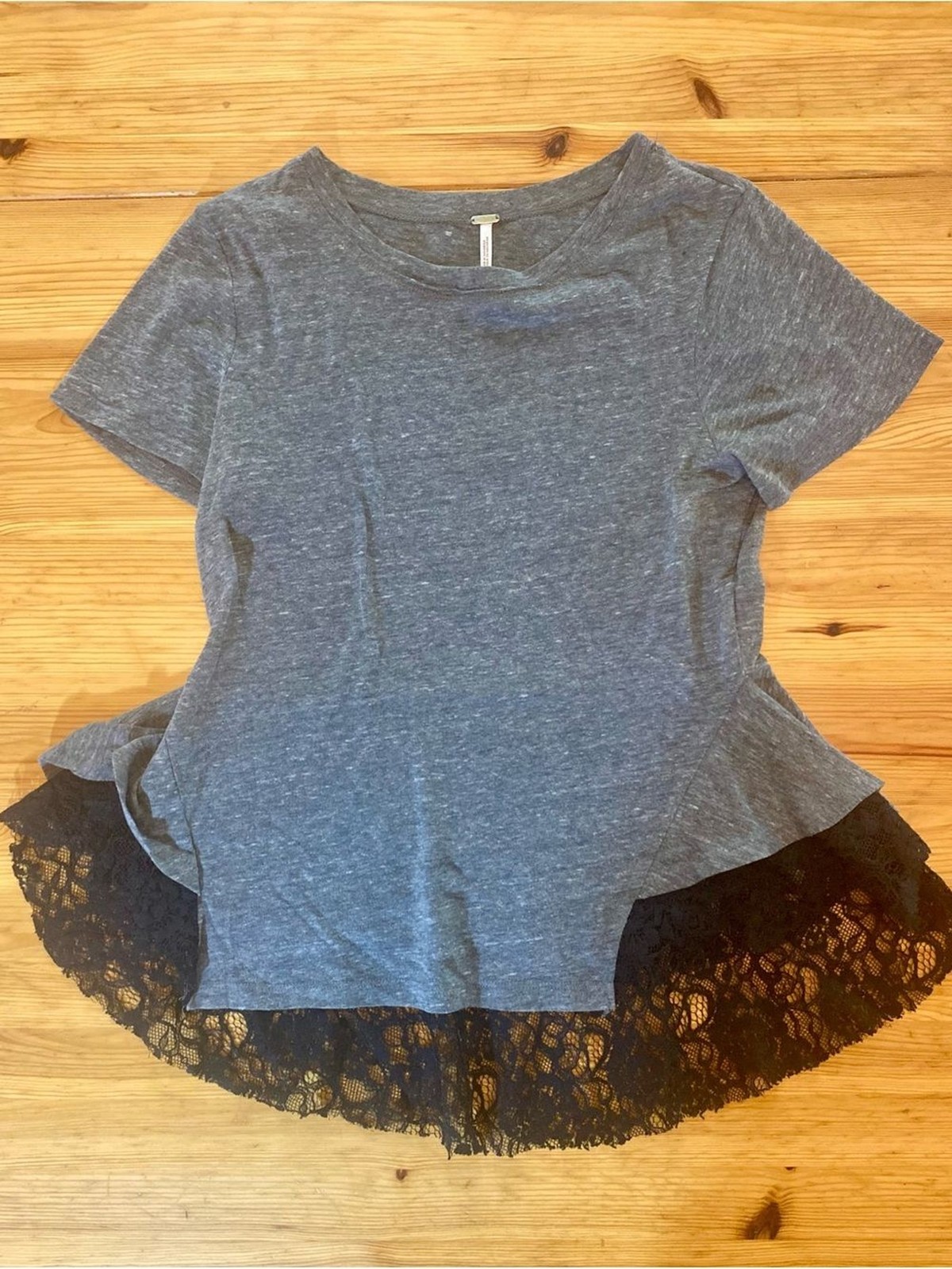 Free People Whimsigoth Y2K Tulip Lace Peplum Tee Grey and Black Size Small