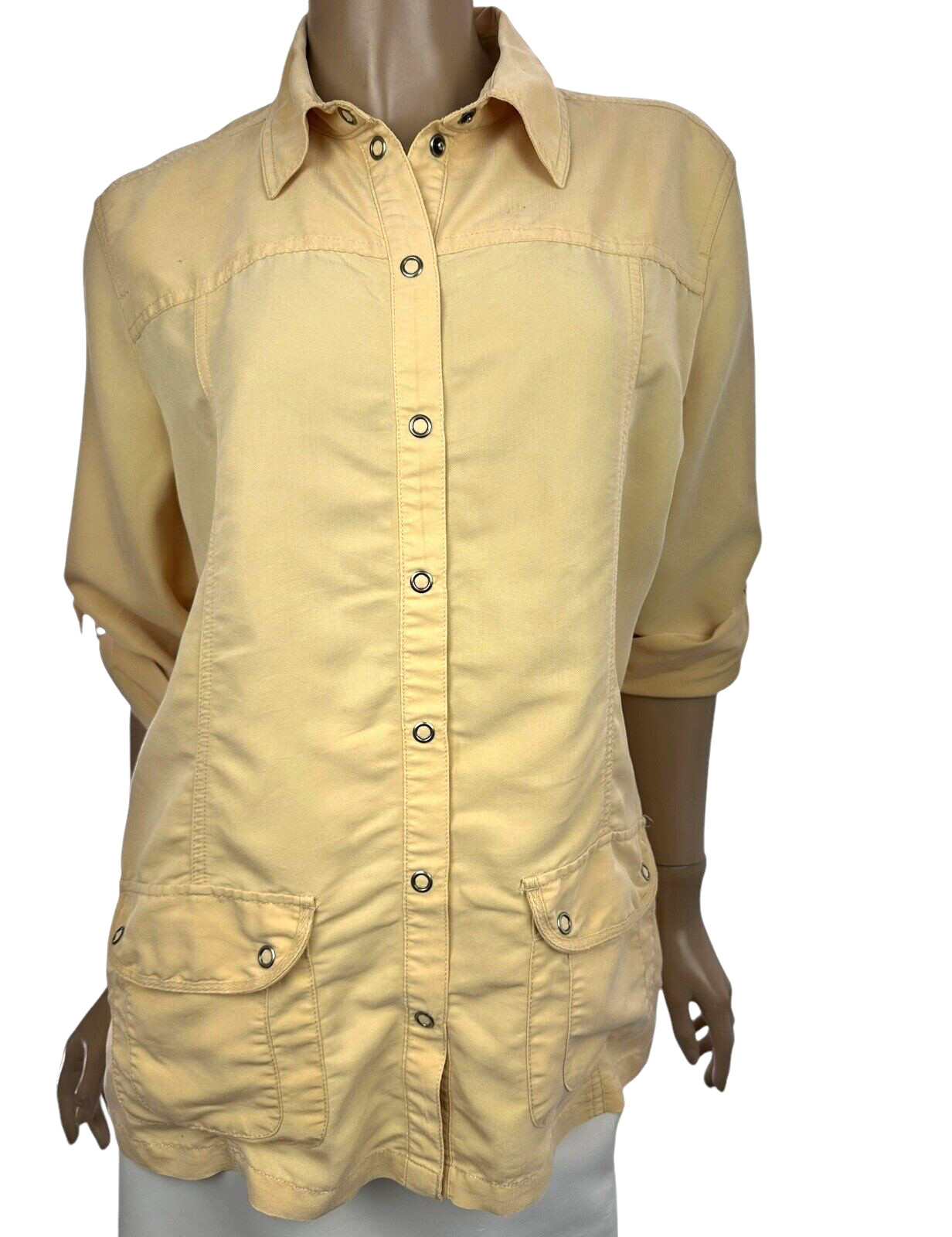 Chico’s Size 1/ M Yellow Top Snap Front Roll Tab Sleeve Boxy Modal/Polyester