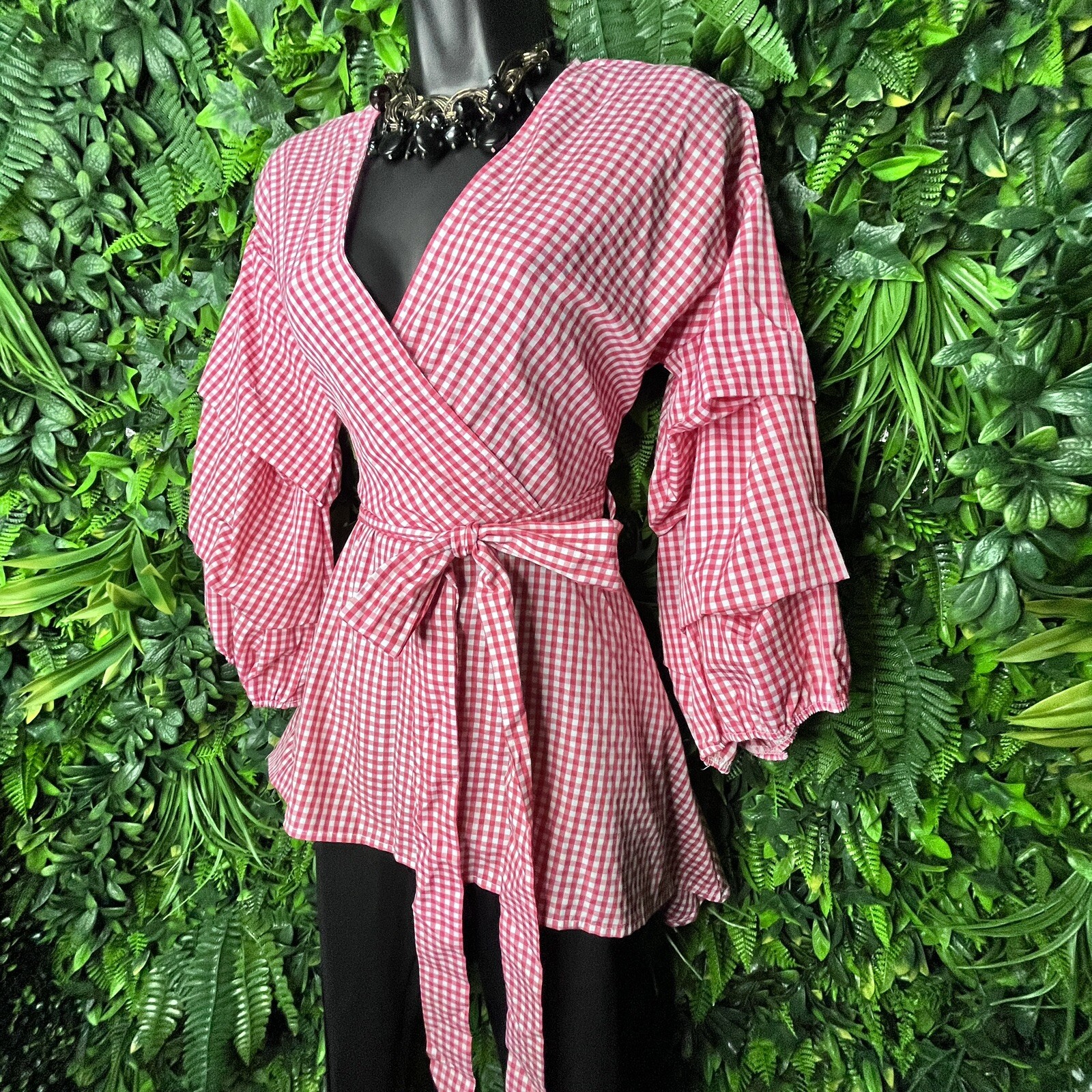 IMPULSIVE Tops Women Small Red Peplum Hi Low Hem Balloon Sleeve Tie Waist 0634