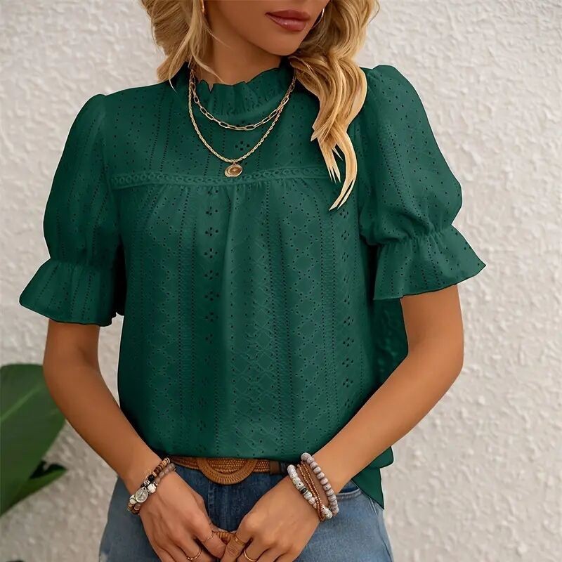 Women’s Elegant Ruffle Detail Blouse Short Sleeve Round Neck Top