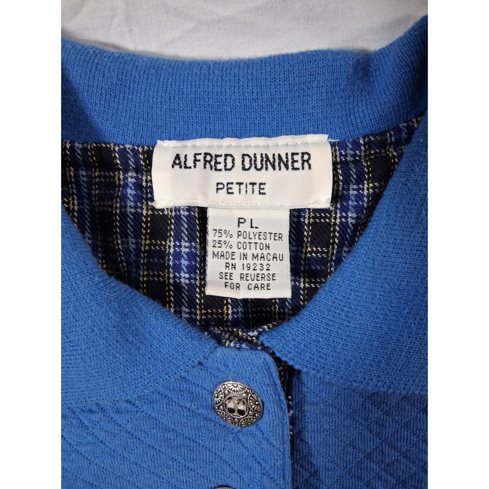 Alfred Dunner Petite Vintage Blue Quilted Polo Top Floral Plaid Patch PL