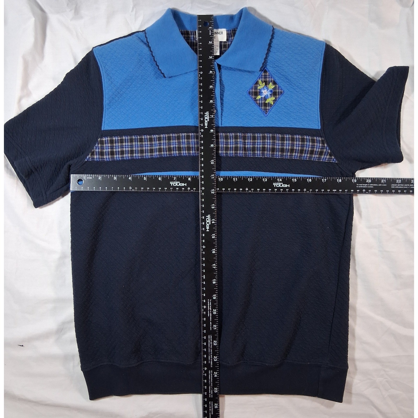 Alfred Dunner Petite Vintage Blue Quilted Polo Top Floral Plaid Patch PL