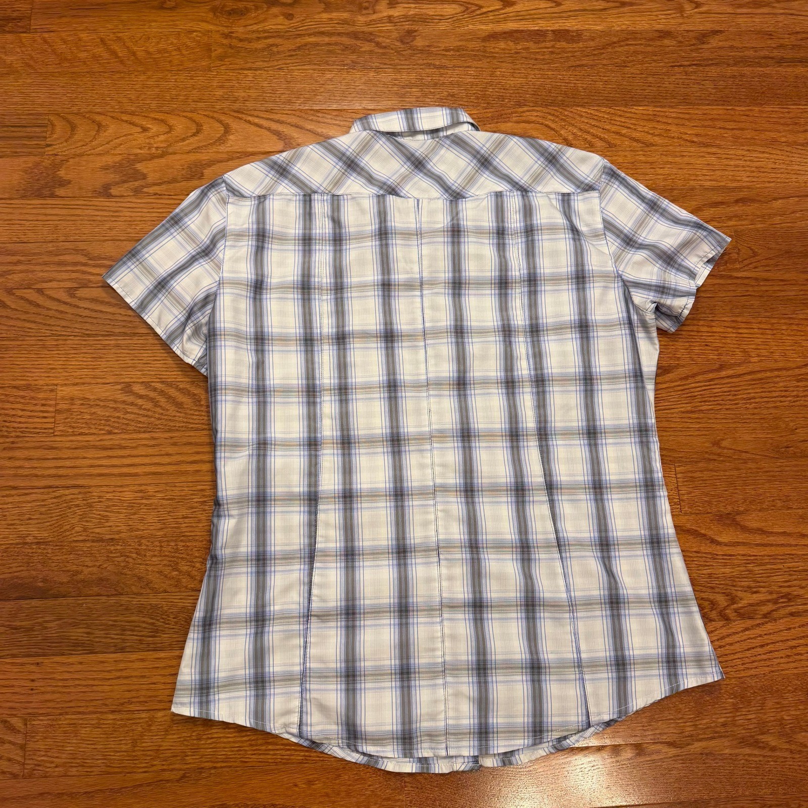 Kuhl Ionik Performance Button Down Shirt Womens Large White Blue Plaid Hiking