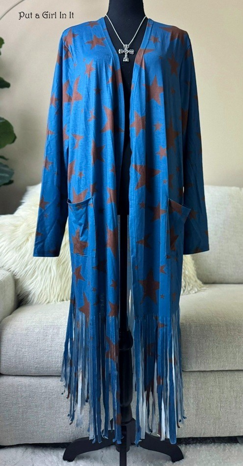 New Boho Plus Size Women’s Blue Stars Fringe Kimono Cardigan Duster XL 1X 2X 3X