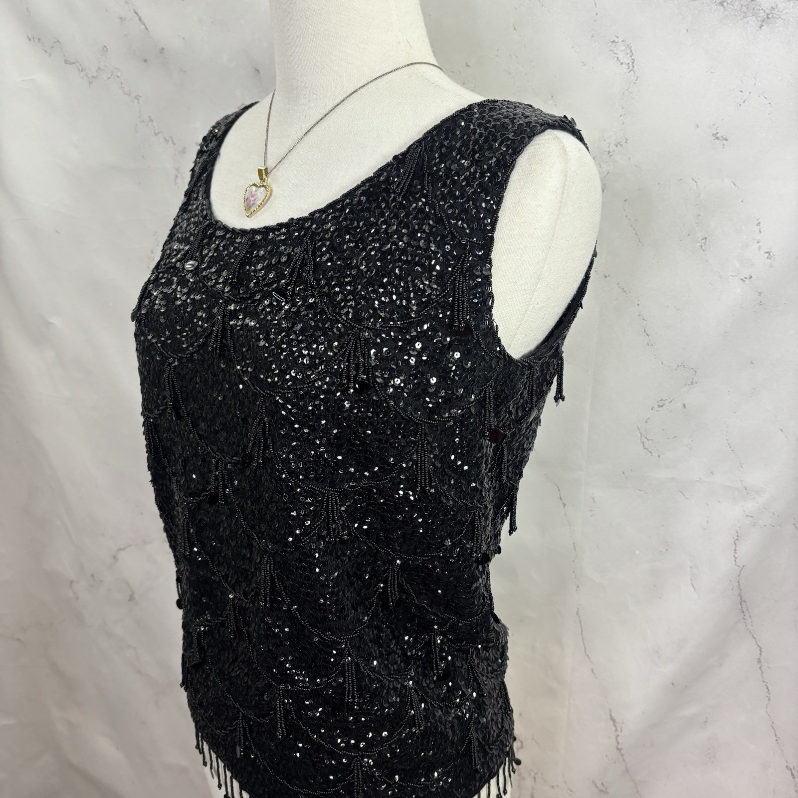 Vintage 60s Flapper Black Shiny Beaded Blouse Top Fringe Sequins Silk M Glam