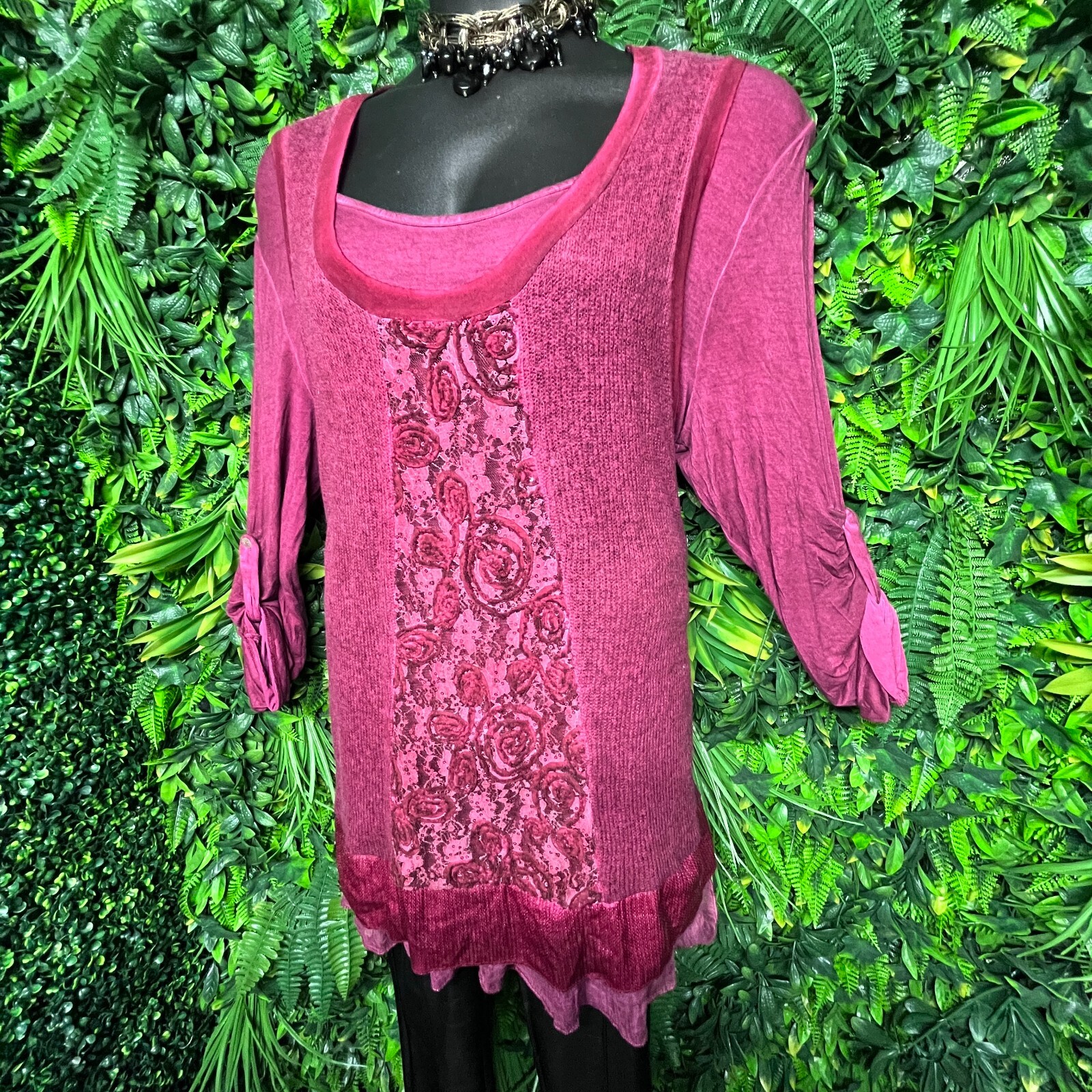 FANTAZIA Tops Women XL Wine Red Embroidered Sequin Lace Knit Blouse Detail 1247