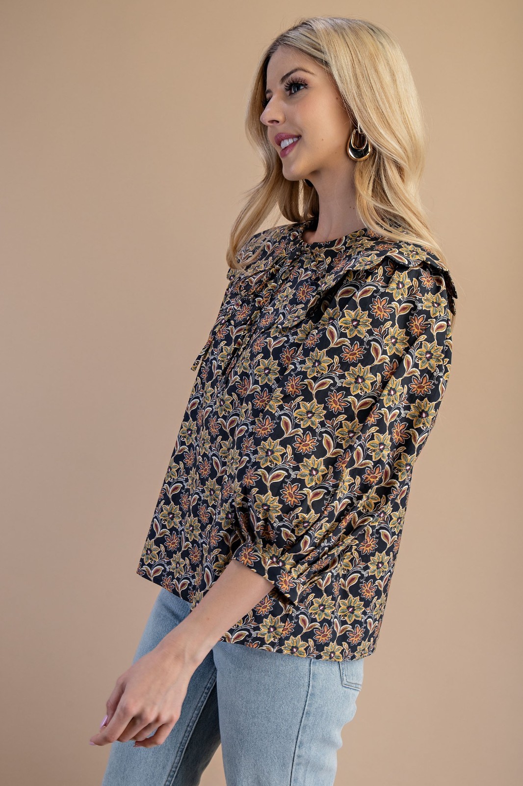 Gigio by Umgee Black Multi Scalloped Peter Pan Collar Blouse 3/4 Balloon Sleeve