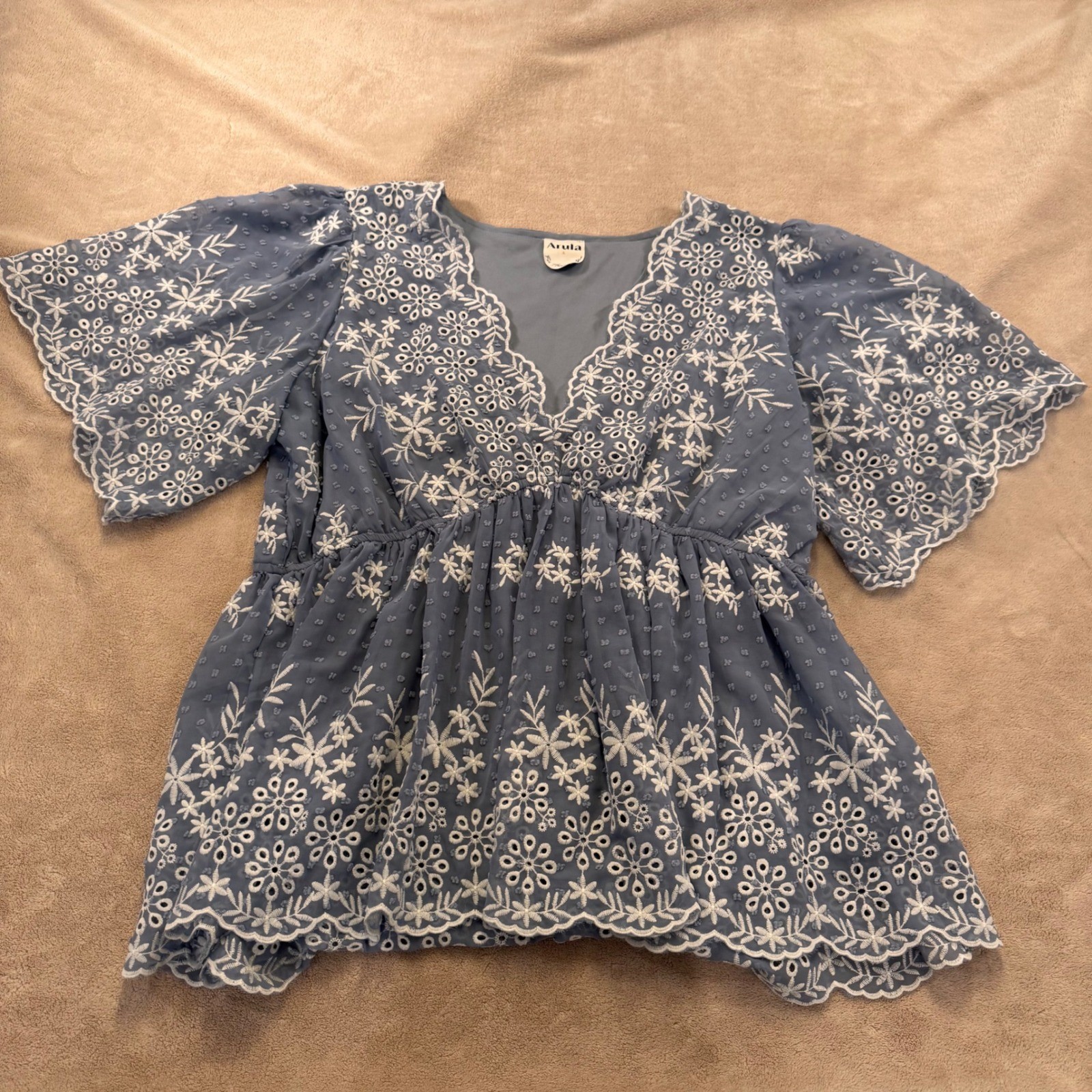 Arula Blue Eyelet Floral Swiss Dot Boho Cottagecore Fairycore Feminine Top Sz A