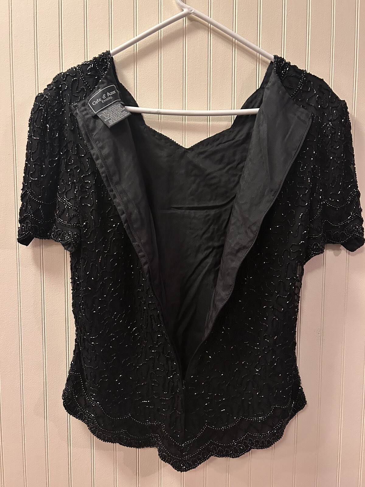 Vintage 100% Silk Top Women Small Black Sequin Bead Cote d’ Azur Evening Blouse