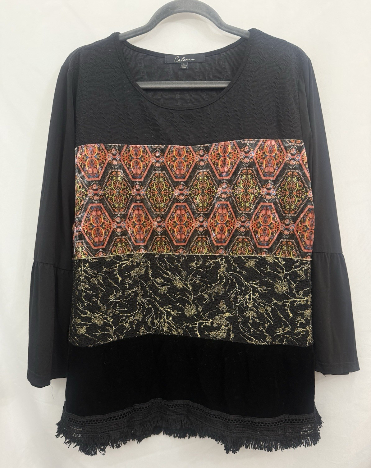 Calessa Black Mixed Fabric Print Tunic Top Fringe Hem Bell Sleeve Womens Size L