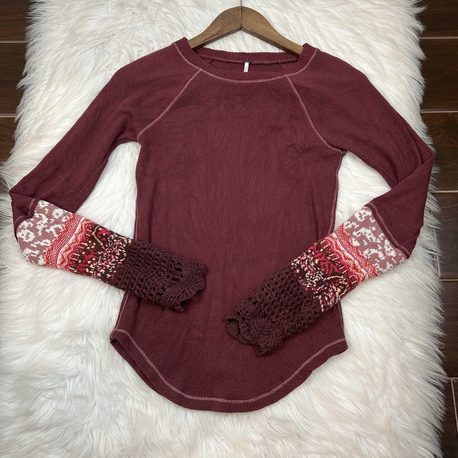 Free People Womens Waffle Knit Thermal Shirt Small Cotton Long Sleeve Cuff Boho