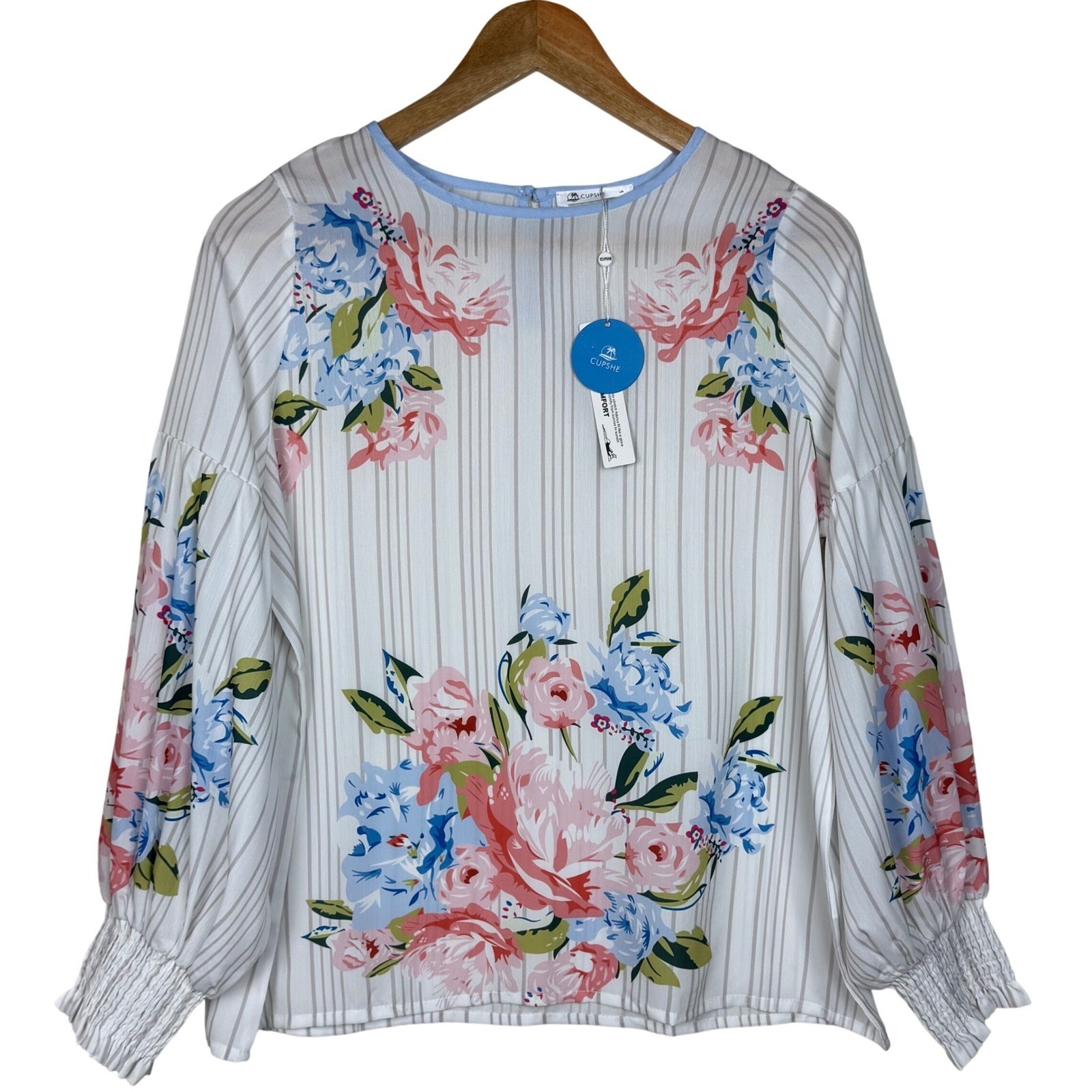 NWT Cupshe Floral Striped Blouse Balloon Sleeve Womens Small Smocked Cuff Boho