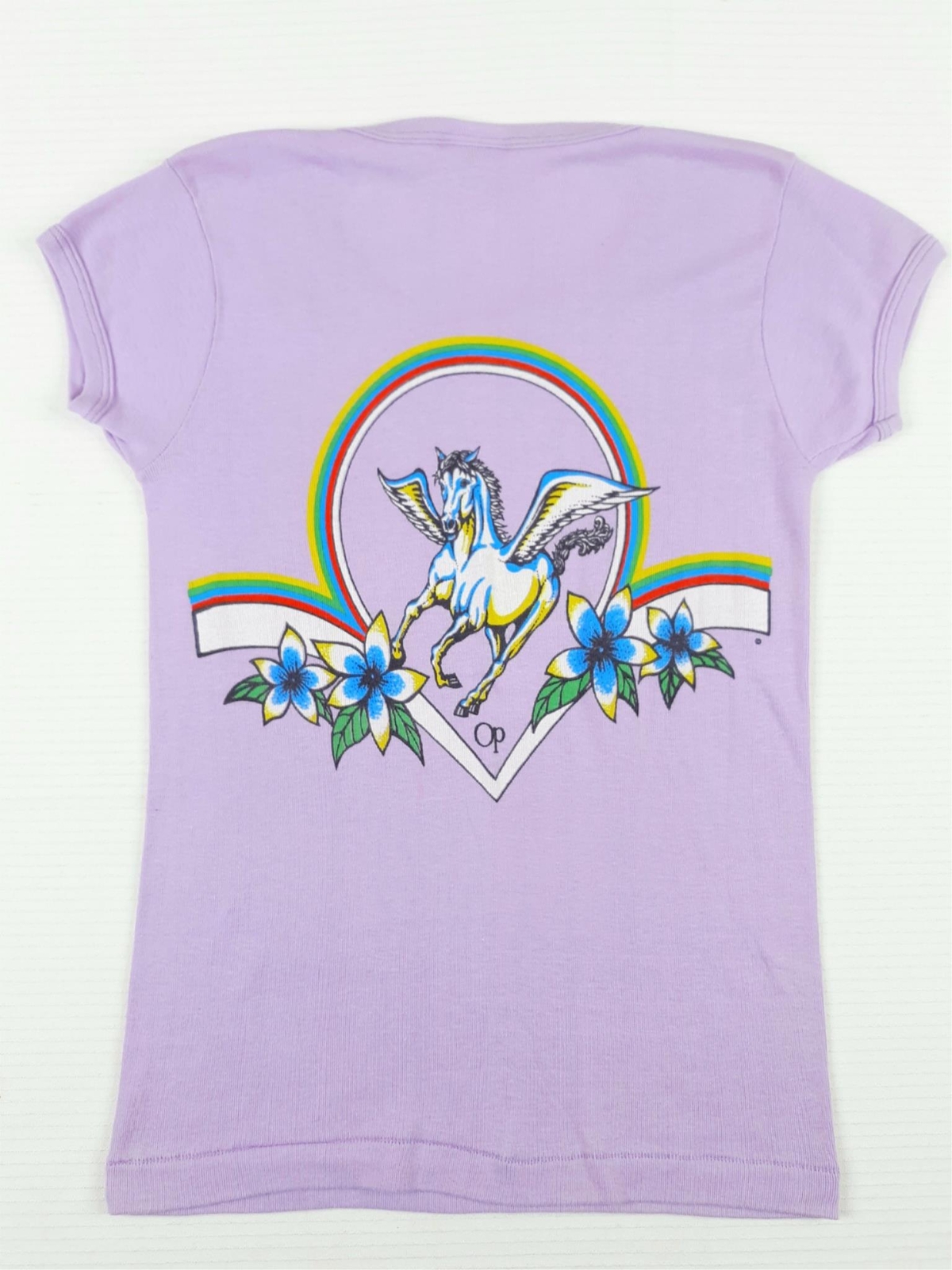 Vtg OCEAN PACIFIC OP PEGASUS RAINBOW T-shirt Women’s 70s Horse Babydoll Surf S