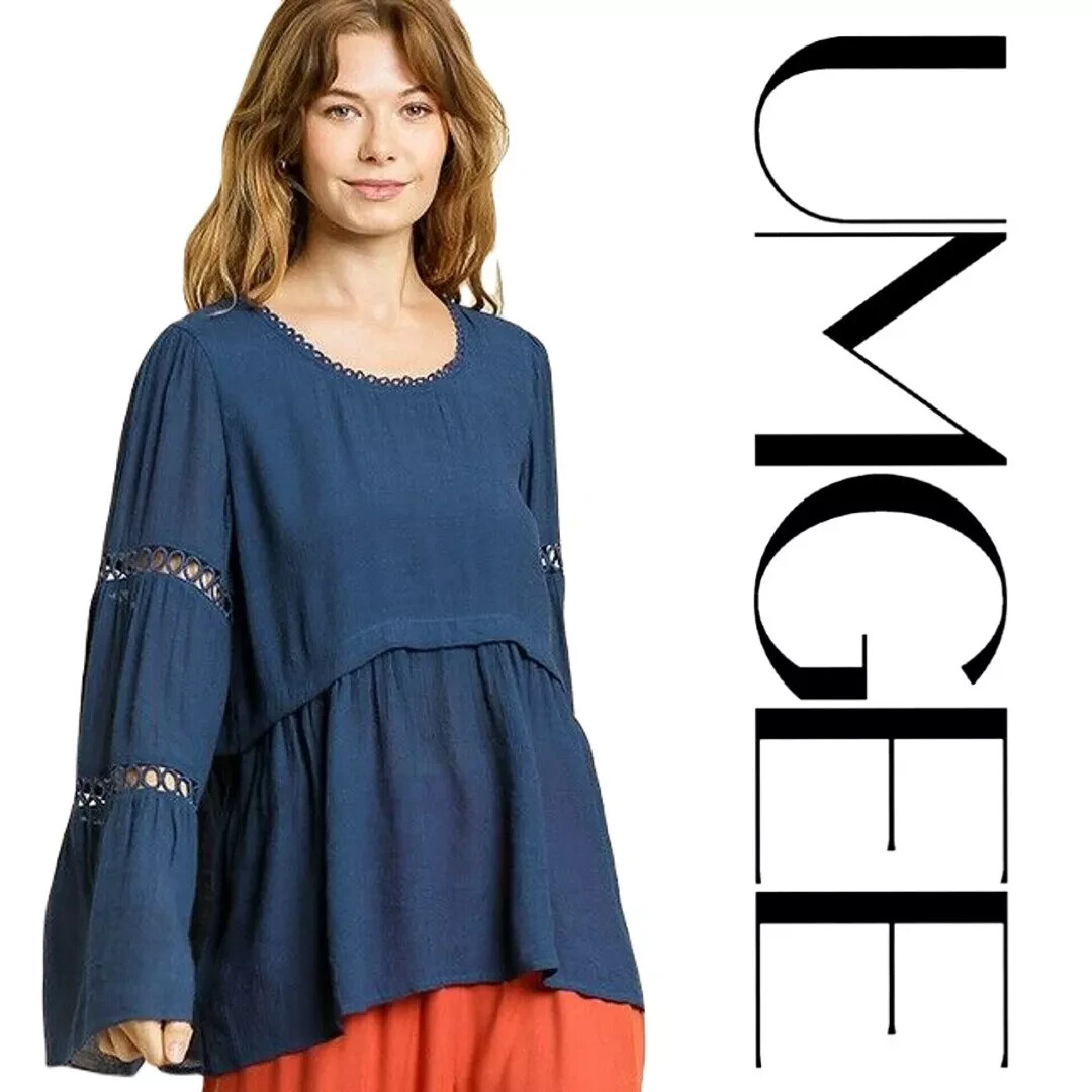 NWT S UMGEE MIDNIGHT BLUE tiered Trim Detail Sleeves TOP/SHIRT/BLOUSE BHCS