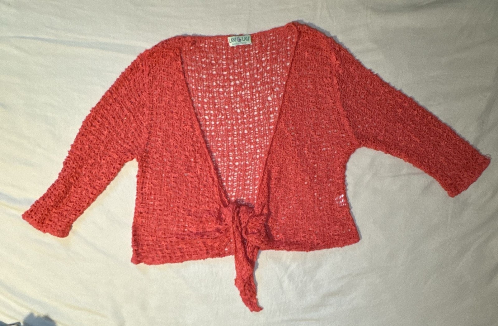 Lani Lau Honolulu Hawaii Coral Tie-Front Crochet Shrug one size