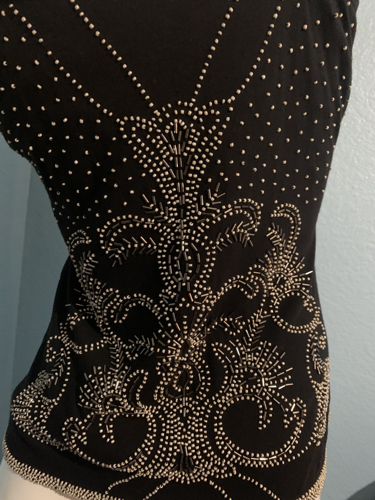 Y2K Twisted Heart Heavily Beaded Black Spaghetti Strap Top Size Small