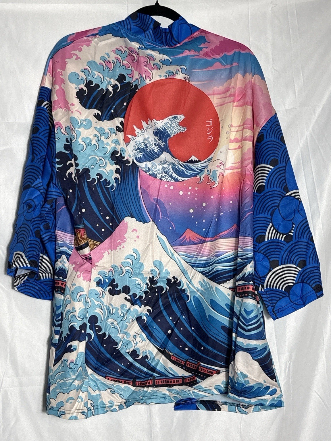 NIEPCE Japanese Kimono Cardigan XL Blue Wave Mount Fuji Anime Open Front