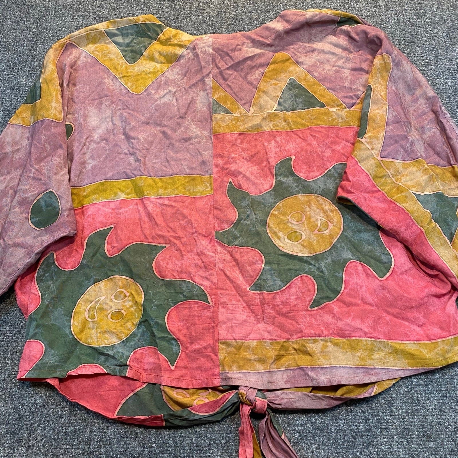Asian Nations Colorful Boho Geometric Print Tie Front Long Sleeve Blouse Medium