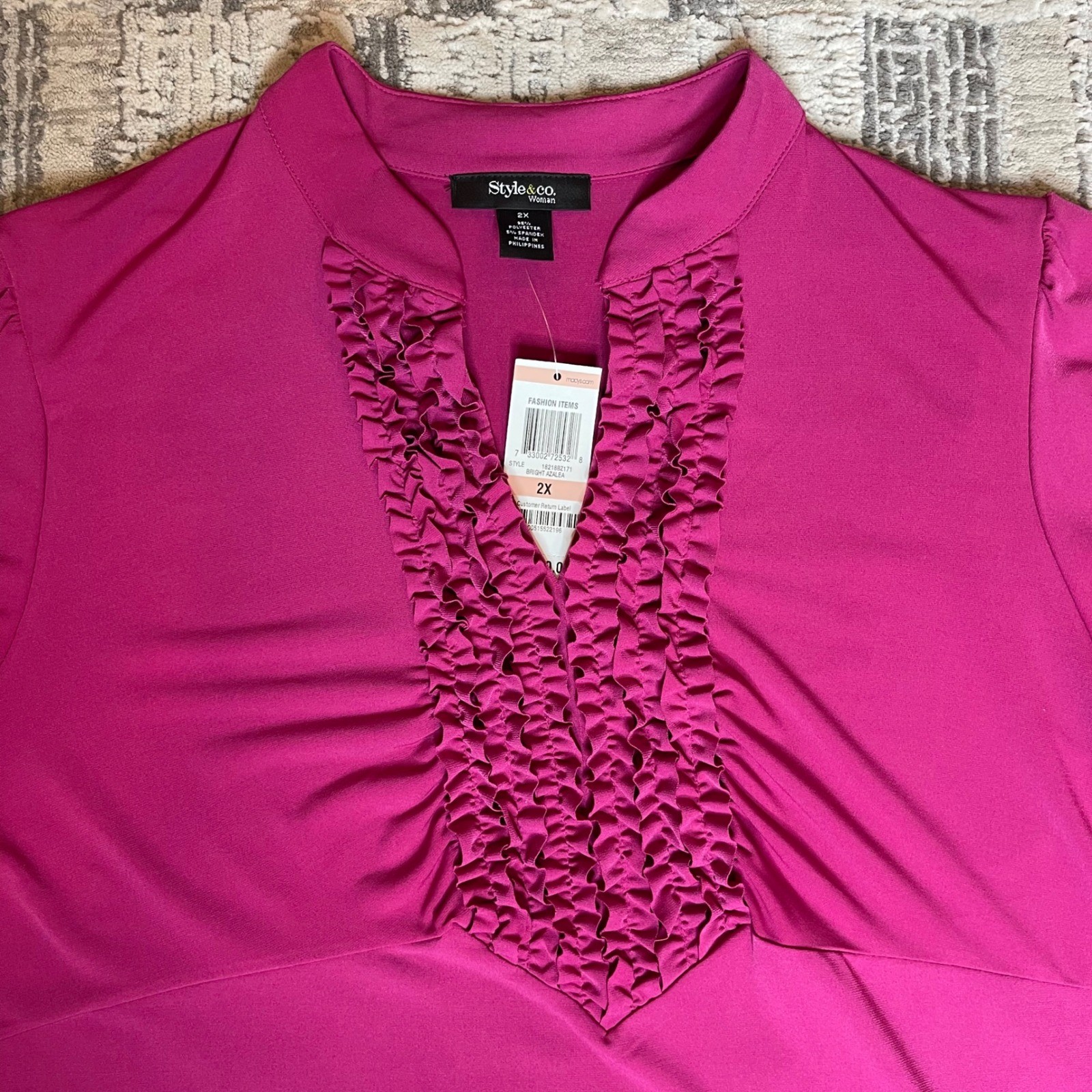 NEW Style & Co Woman Bright Azalea Pink Ruffle V-Neck Top 2X