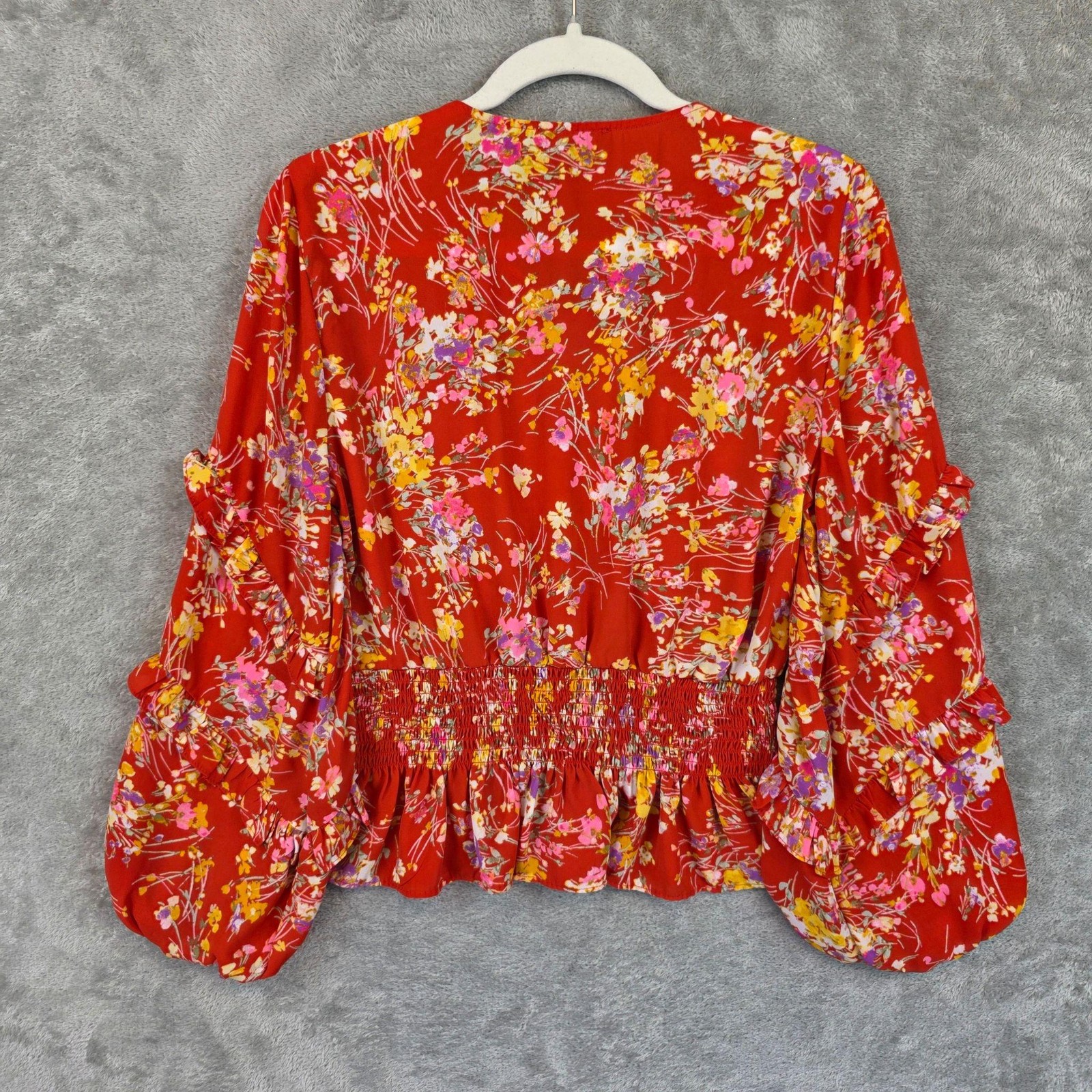 1. STATE Blouse Womens M Red V Neck Long Balloon Sleeve Floral Smocked Cropped