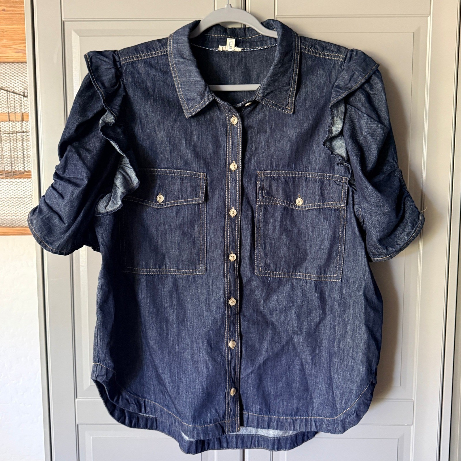 Anthropologie Pilcro Ozzi Ruffle-Sleeve Buttondown Denim Shirt, Dark Wash,XL