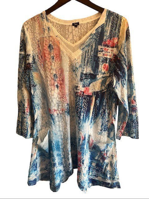 Shana Splash Crinkle Tunic Top XL Asymmetric Watercolor Art To Wear Pockets Knit