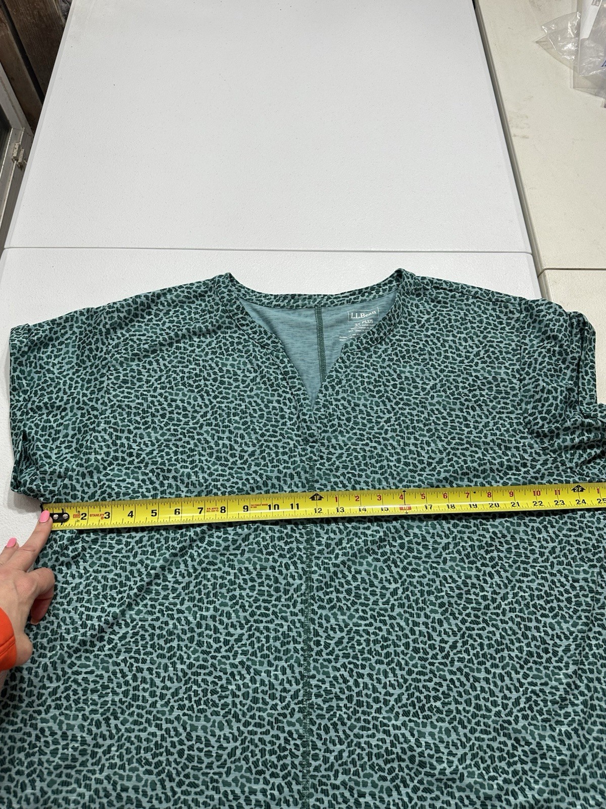 LL Bean Streamside Tee Womens 3X Green Split Neck Geo Print Outdoor Gorpcore