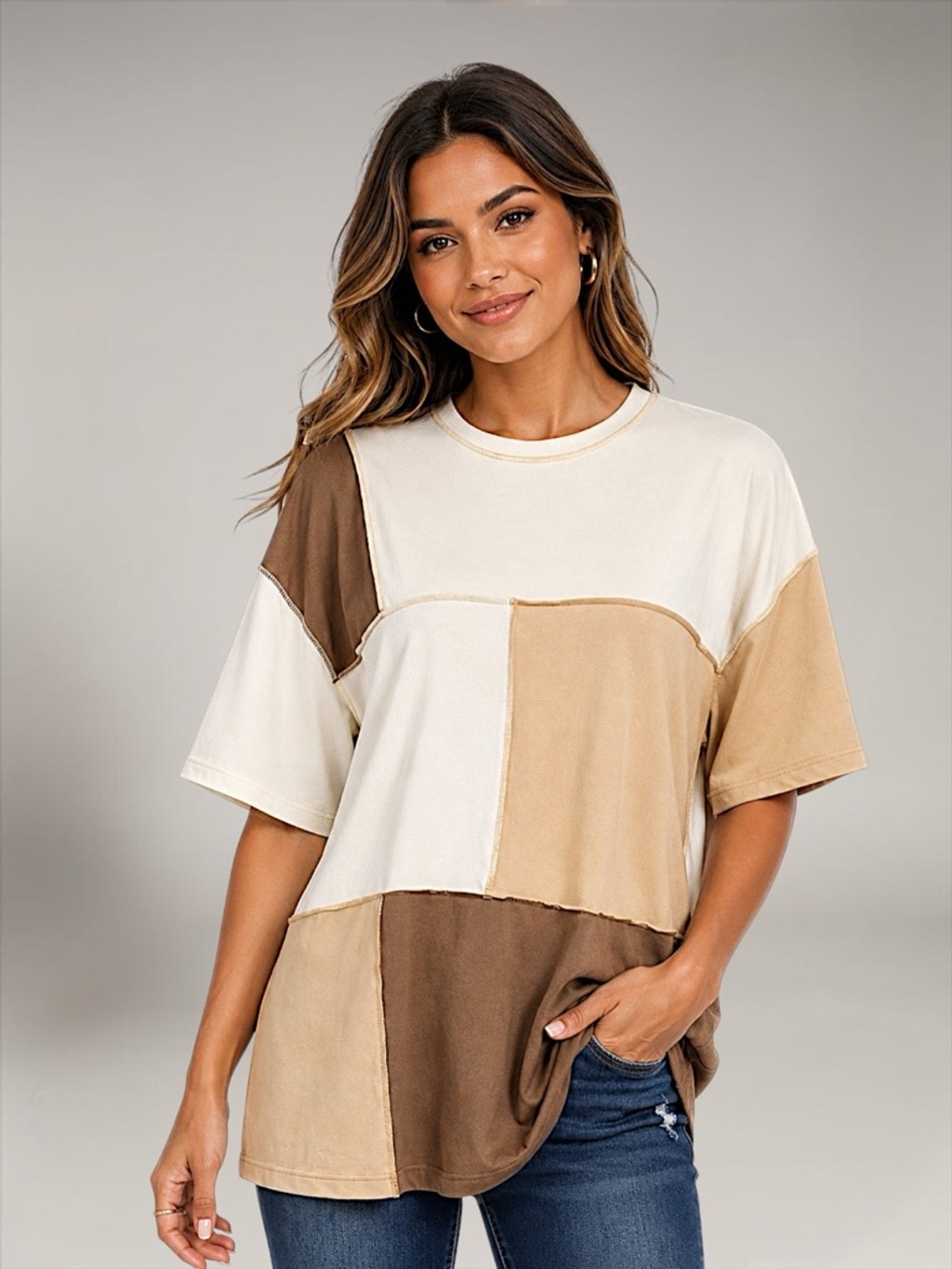New Colorblock Top with Stitching – Oversized Drop Shoulder Tee – Size 4