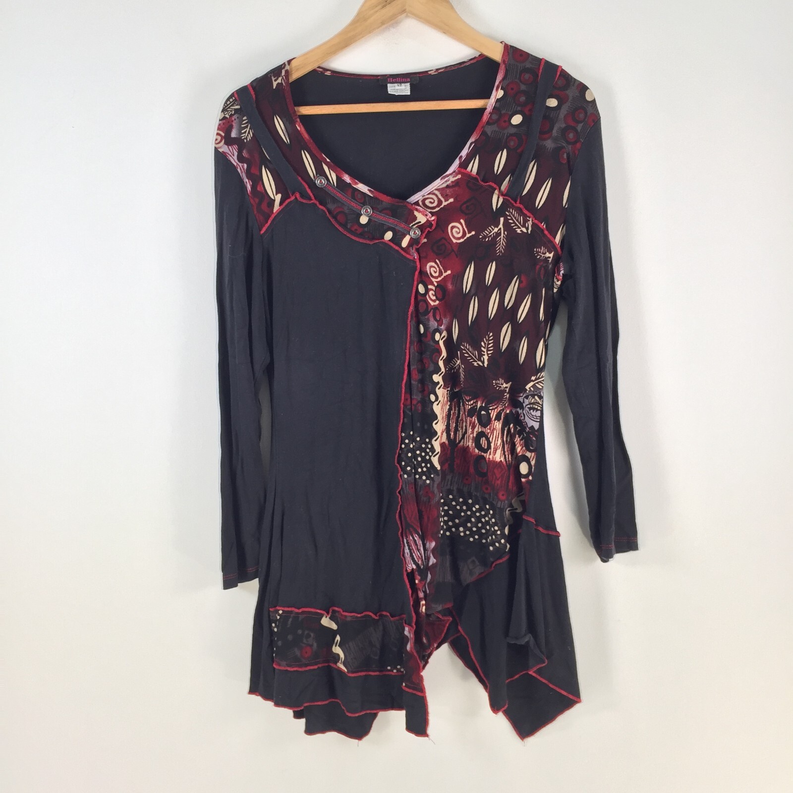 Bellina Y2k womens tunic top 12 black geometric long sleeve cotton 104925