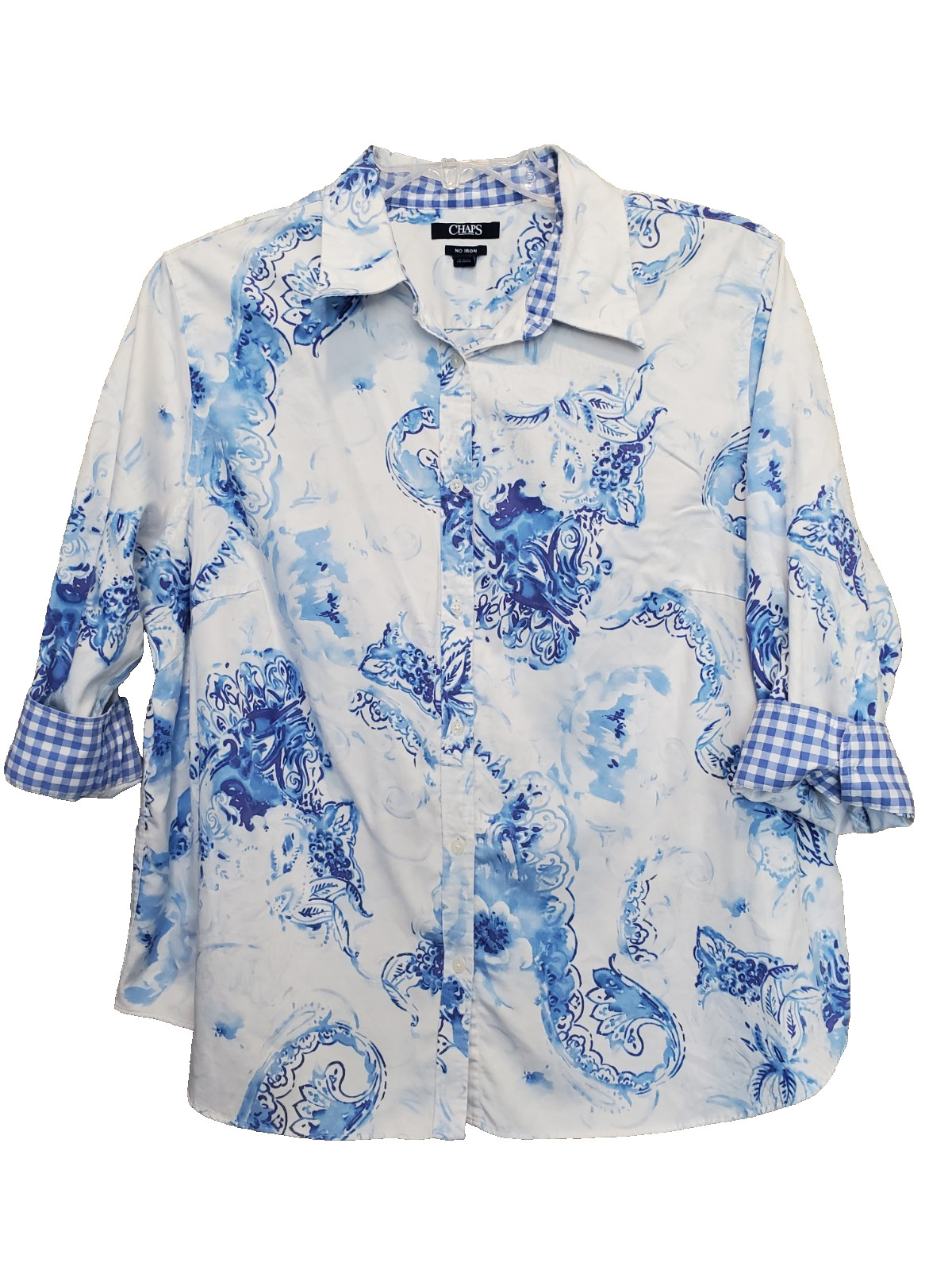 Chaps No-Iron 100% Cotton Blue Paisley Flip-Cuff Button-Up Shirt Size 2X
