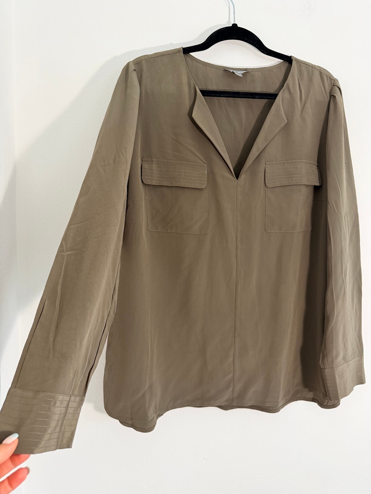 GO SILK 100% Silk Taupe V-Neck Utility Blouse XL NWT Long Sleeve Minimalist