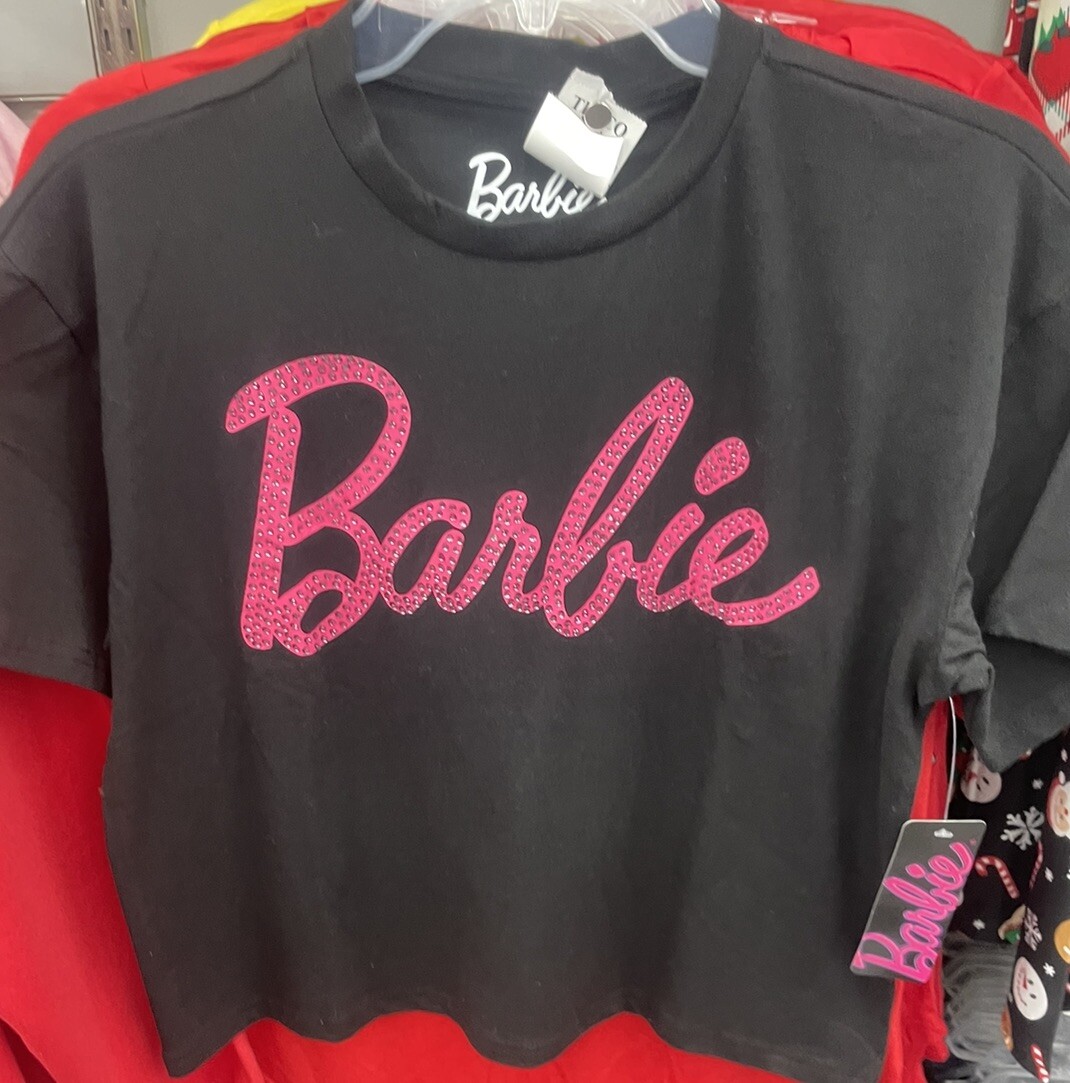 Barbie Black SS Cropped Rhinestone Tee With Pink Lettering NWT Size M