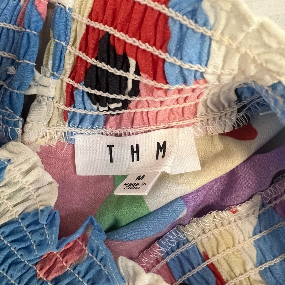 THML Colorful Smocked Mock Neck Ruffled Cap Abstract Print Blouse Sz M