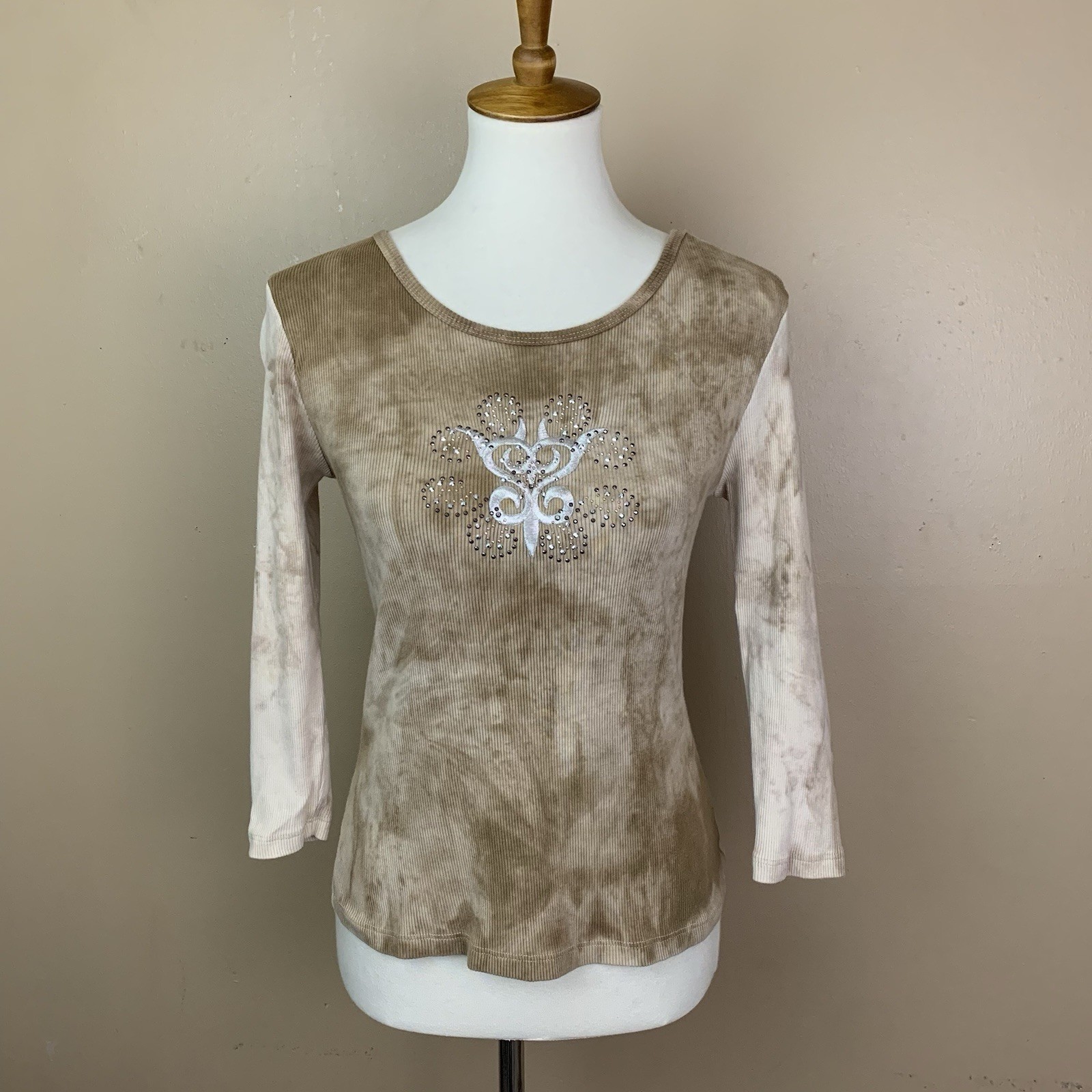 Susan Lawrence Top Womens Small Brown Tie Dye Embellished 3/4 Sleeve Vintage Y2K