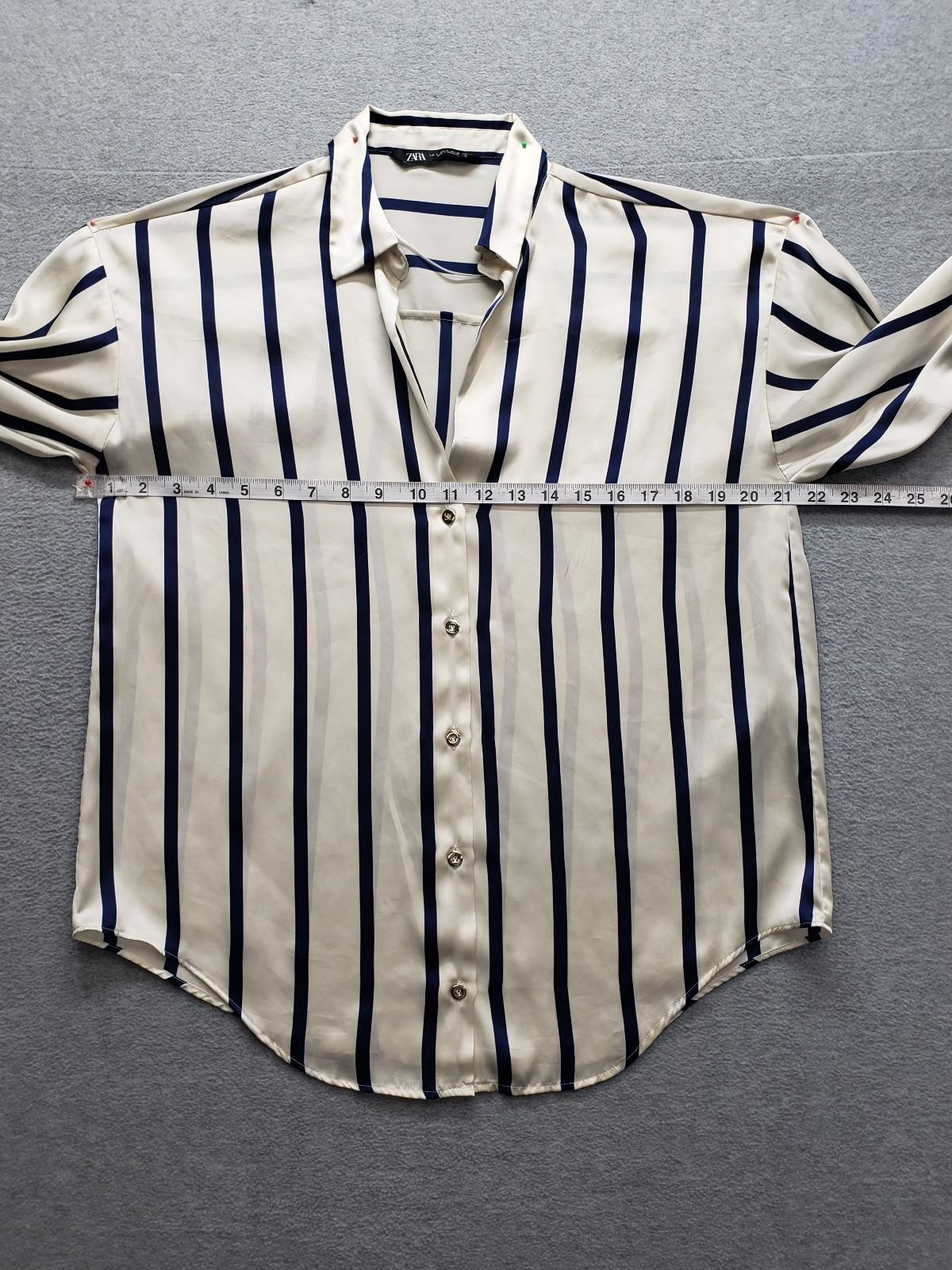 Zara Women Tops S Cream Navy Blue Striped Button Front Collared Long Sleeve City