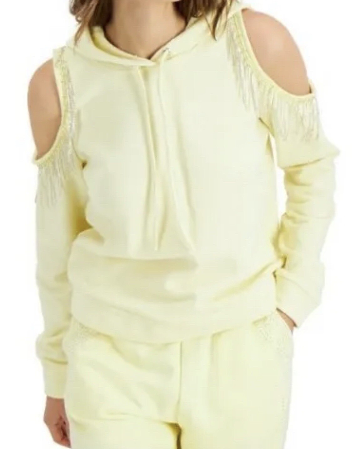 INC International Concepts INC Cold-Shoulder Rhinestone Fringe Hoodie (Yellow) L
