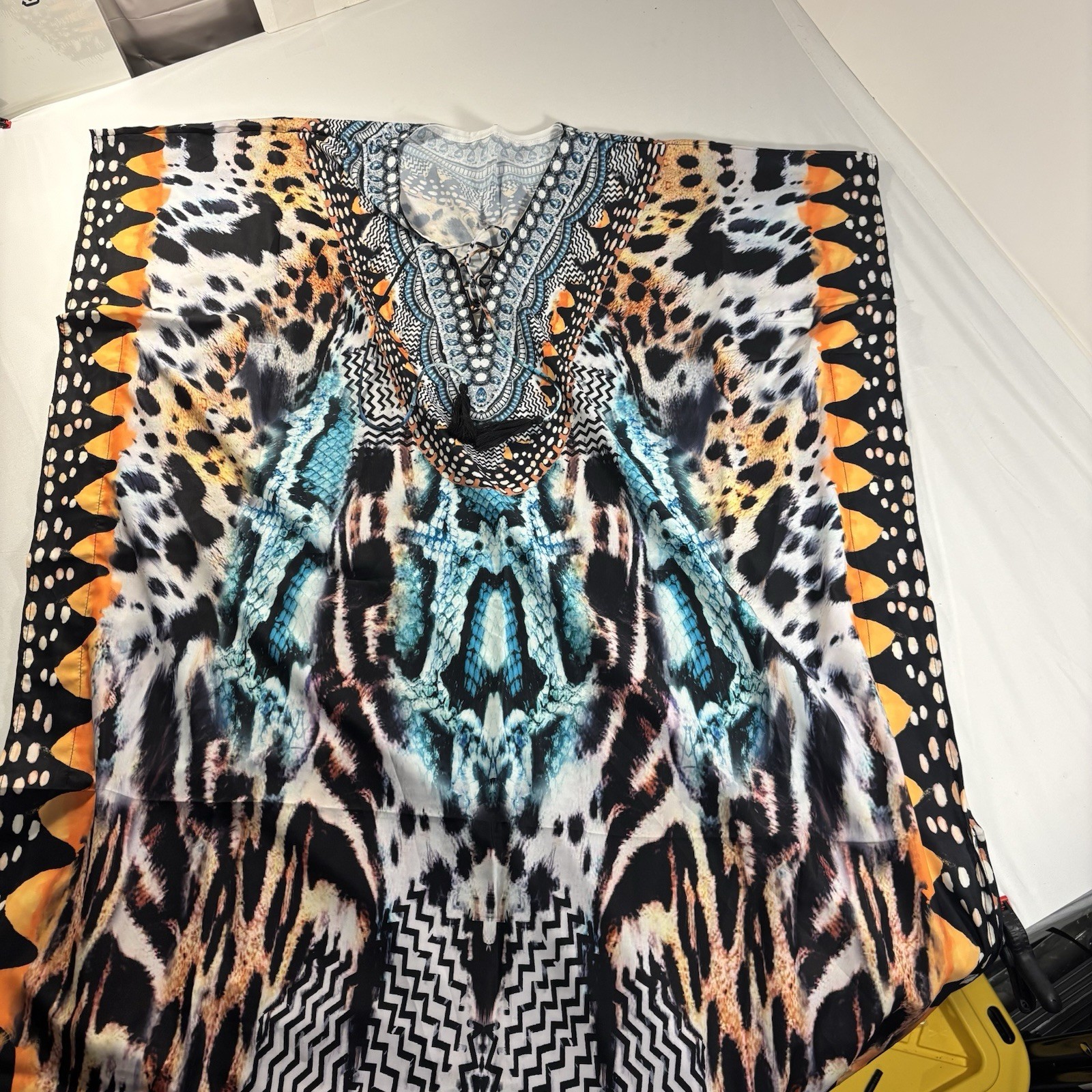 Boho Kimono Caftan Cover-Up One Size Animal Print Tassel Tie V-Neck 53” NWT