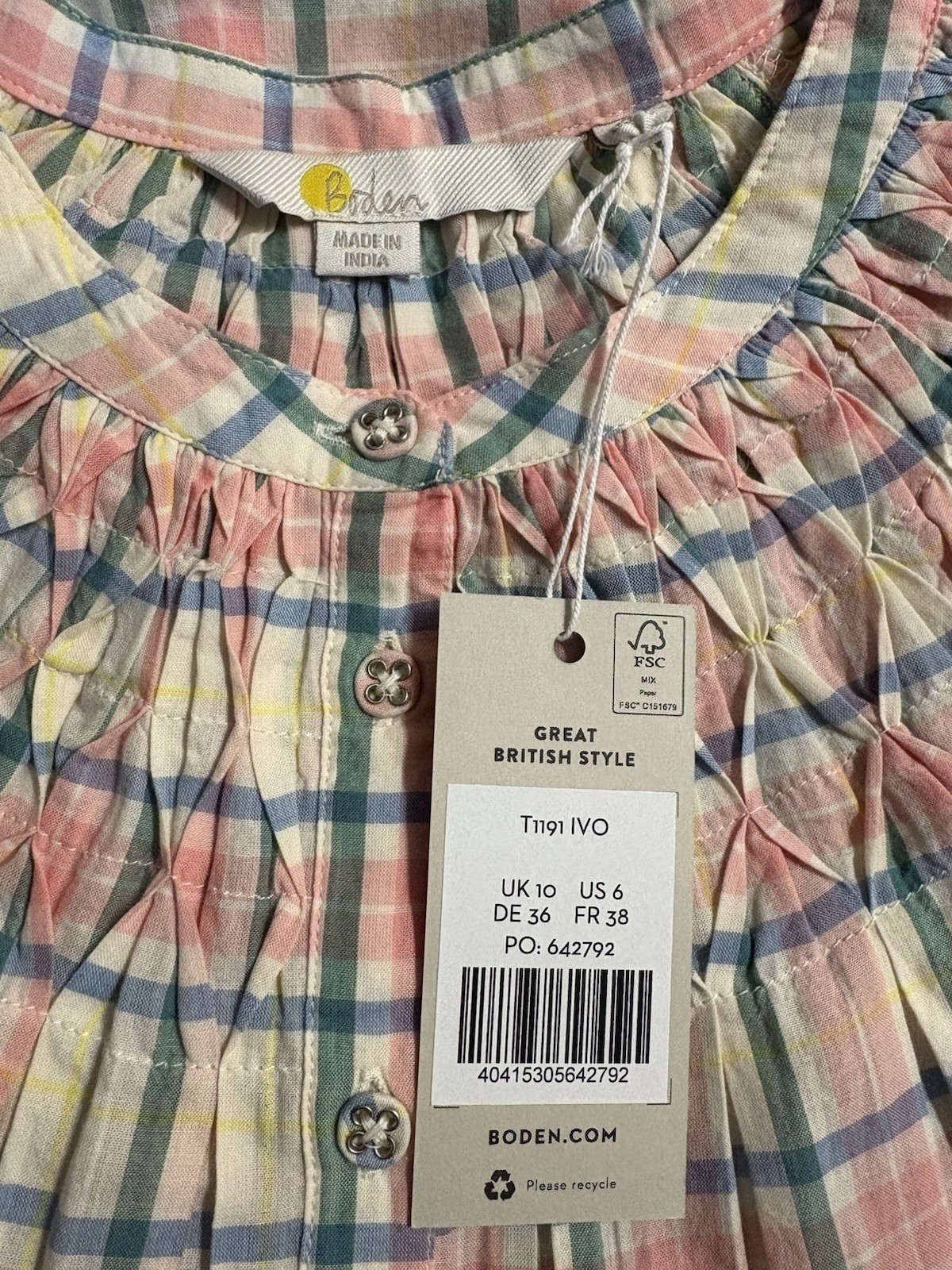 Boden UK 10 Smocking Detail Blouse multi-color checked 100% Cotton
