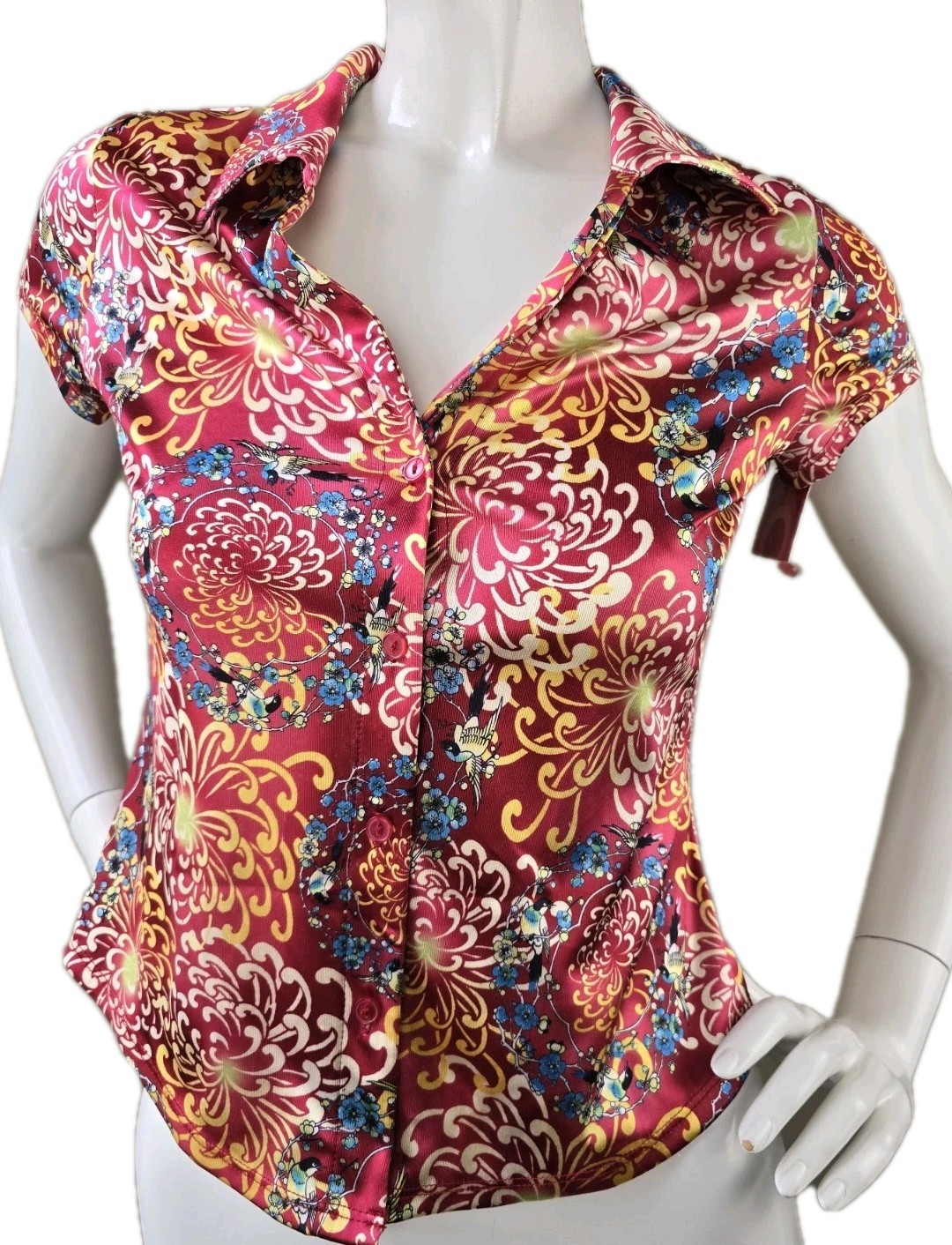 Y2K NWT Xhilaration Button-Up Printed Satin-Like Shirt Small Stretch Asian Print
