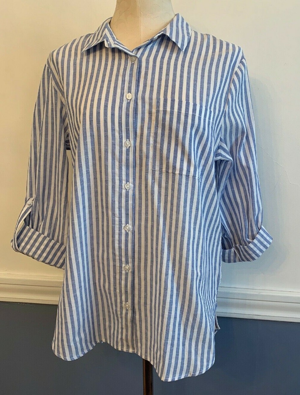 8 Primark Women’s Blue White Stripe Casual Button Up Roll Tab Sleeves New NWT