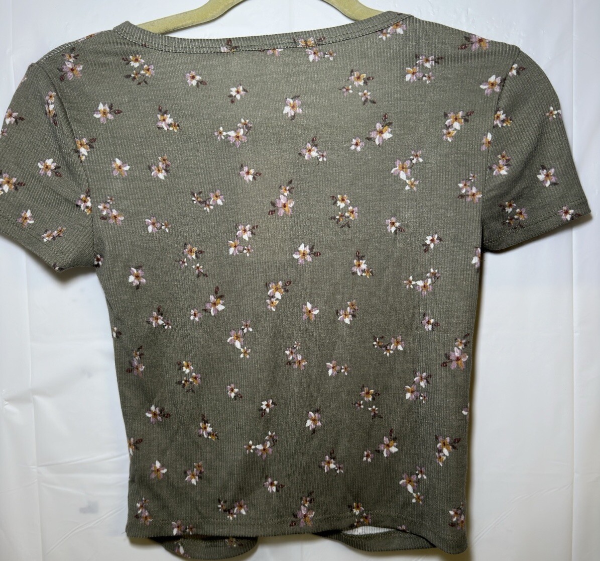 Pink Rose Floral Crop Top, Olive, Green Pink Flowers, Size Small New #2