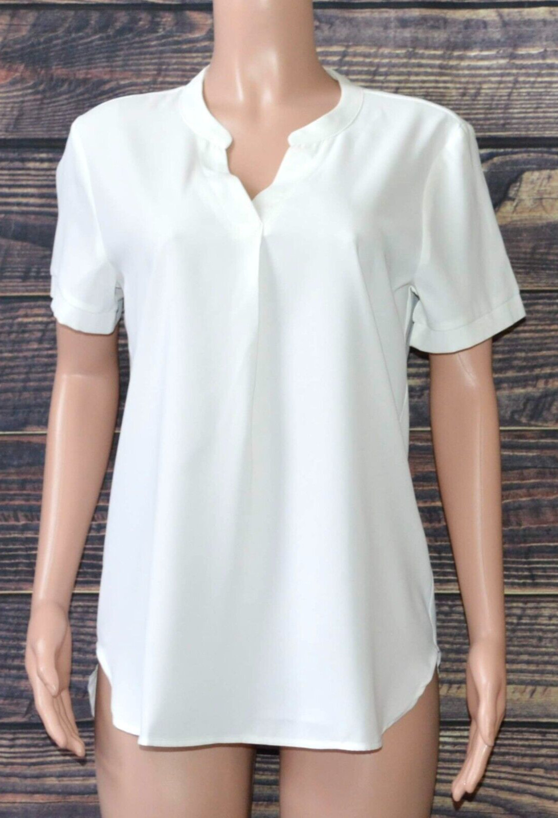 Timeson Women’s V Neck Curved Hem Sheer Chiffon Blouse Shirt Top Size Medium