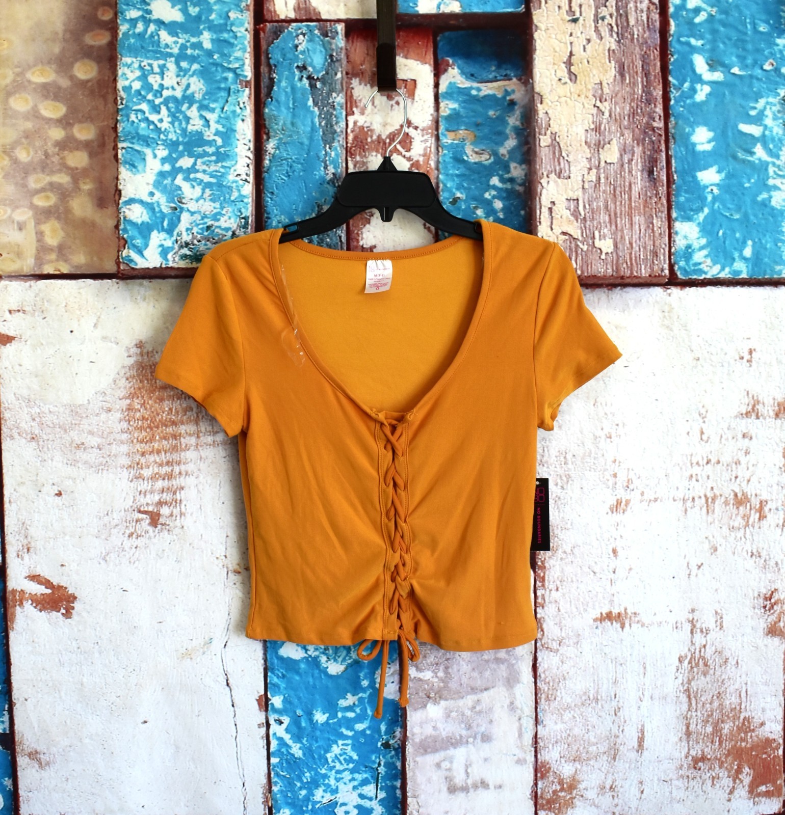 Women’s NOBO No Boundaries Juniors Lace-Up Top Scoop Neck MEDIUM Yellow NEW