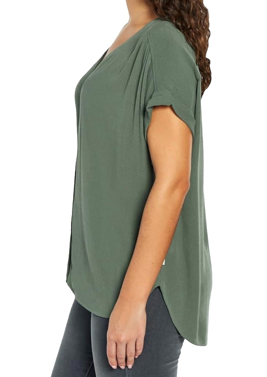 New Orvis Women’s Short Sleeve V-Neck Button Up Blouse Large L Green
