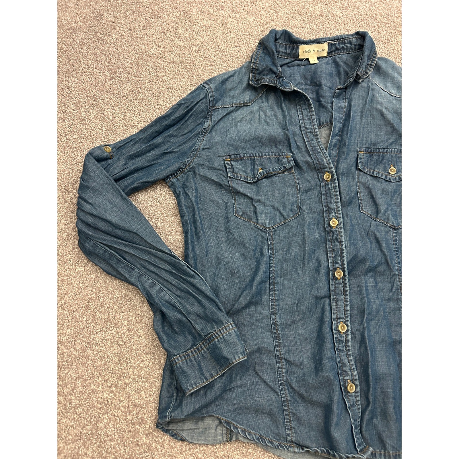 VTG Cloth & Stone Button Down Shirt Womens Medium Blue Excellent Tencel Lyocell