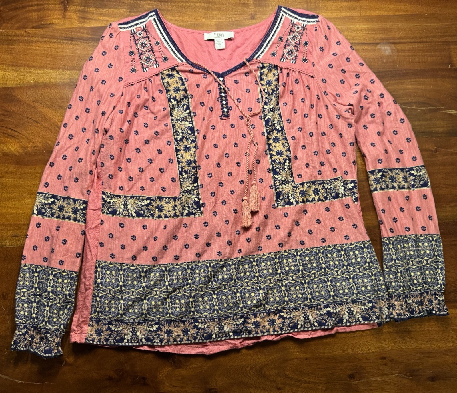 Vintage America Womens Pink Tasseled Boho Peasant Blouse Sz XL
