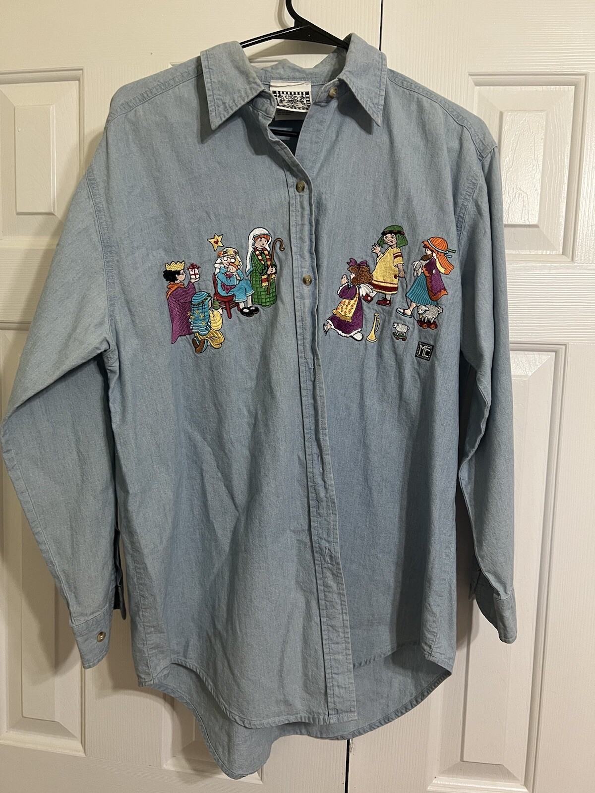 Vintage Mary Engelbreit Nativity Scene Embroidered Denim Button Down Shirt S/M